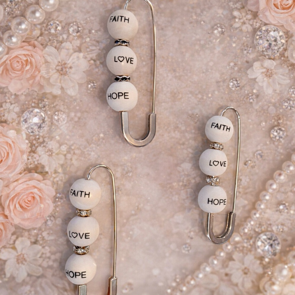 Faith Love Hope Beaded Safety Pin Charms - silver or gold. Sold individually.